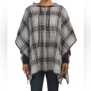 Max Studio Hooded Plaid Reversible Poncho – Cozy Knit, Snap Front, One Size